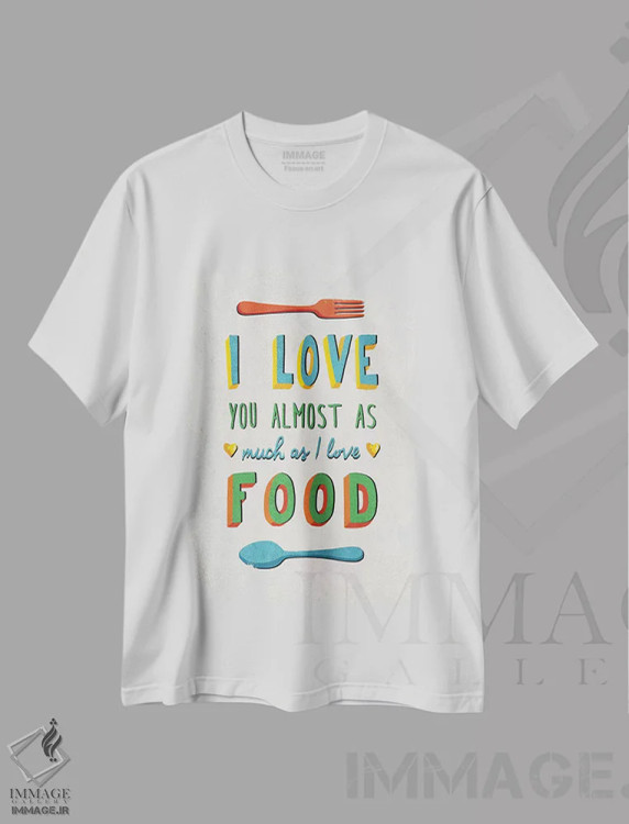 تیشرت سفید طرح دار من عاشق غذا هستم، هنر فاخر معاصر اثر استر کی | immage.ir