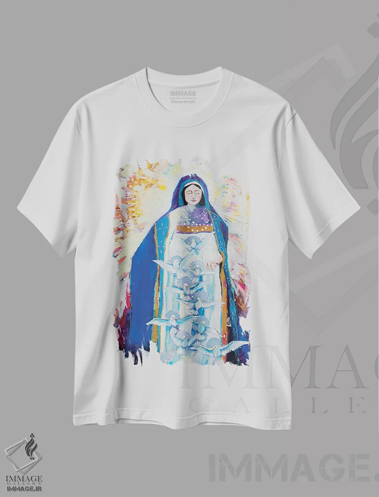 تیشرت سفید طرح دار مادر صلح برای ما دعا کن، هنر فاخر معاصر اثر کری مک کیب | فروشگاه ایماژ