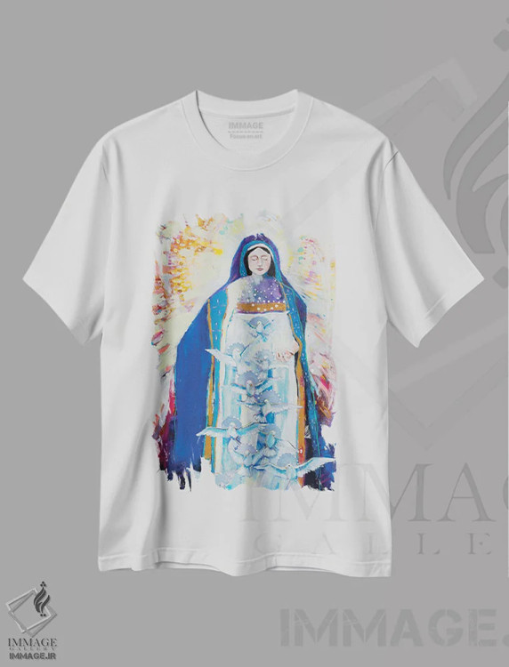 تیشرت سفید طرح دار مادر صلح برای ما دعا کن، هنر فاخر معاصر اثر کری مک کیب | فروشگاه ایماژ