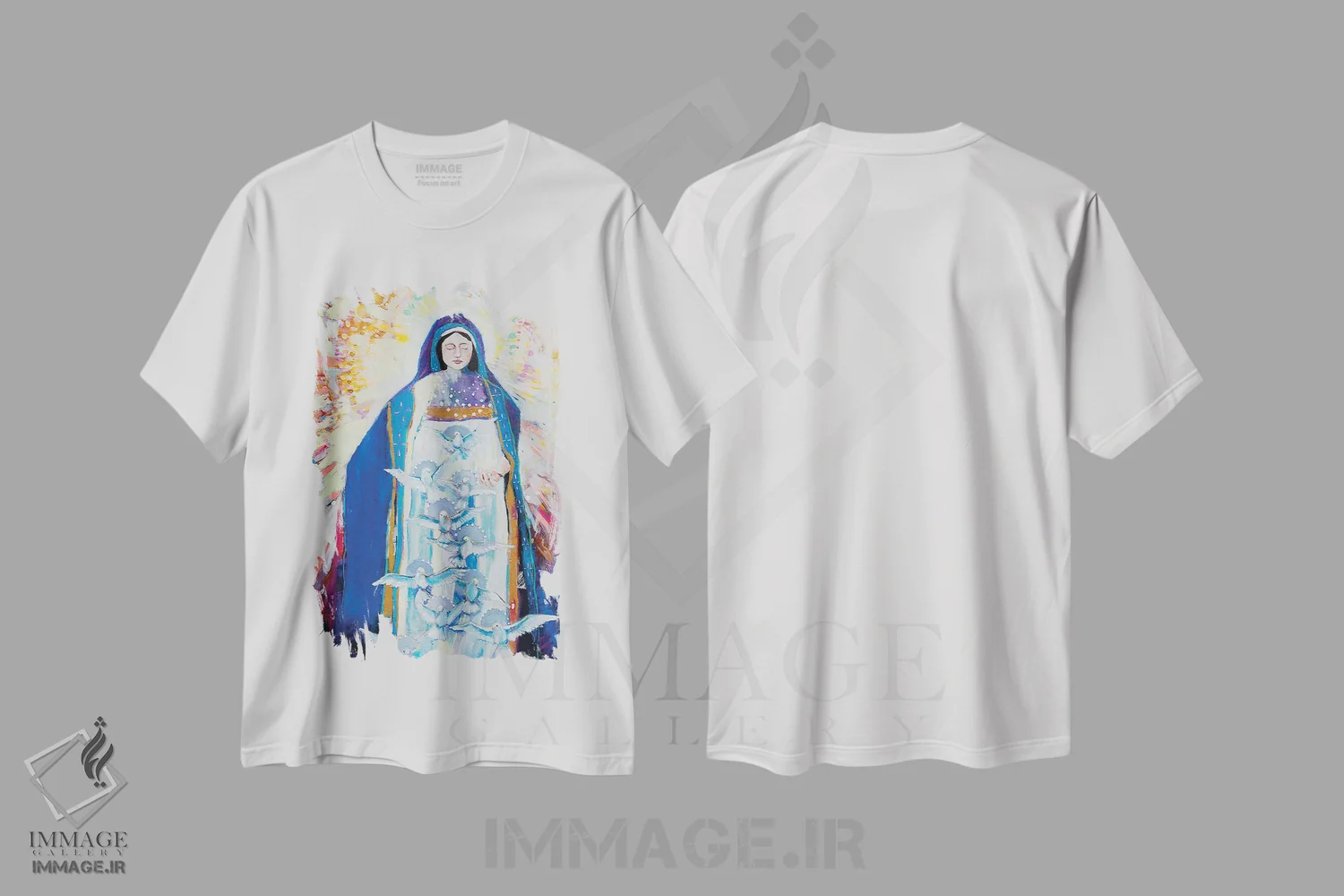 تیشرت سفید طرح دار مادر صلح برای ما دعا کن، هنر فاخر معاصر اثر کری مک کیب | فروشگاه ایماژ