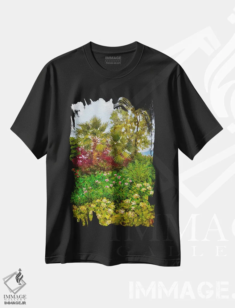 تیشرت مشکی طرح دار صبحگاه در باغ مدیترانه ای، هنر فاخر معاصر اثر کاتیا بلینی | فروشگاه ایماژ