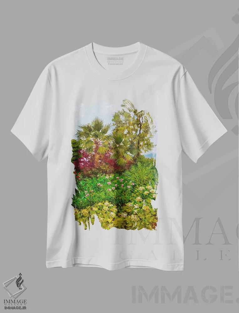 تیشرت سفید طرح دار صبحگاه در باغ مدیترانه ای، هنر فاخر معاصر اثر کاتیا بلینی | immage.ir