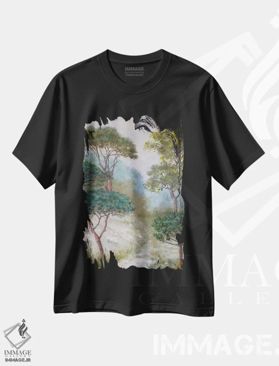 تیشرت مشکی طرح دار منظره جنگلی شماره ۳، دکور کلبه و لژ اثر کاتیا بلینی | فروشگاه ایماژ