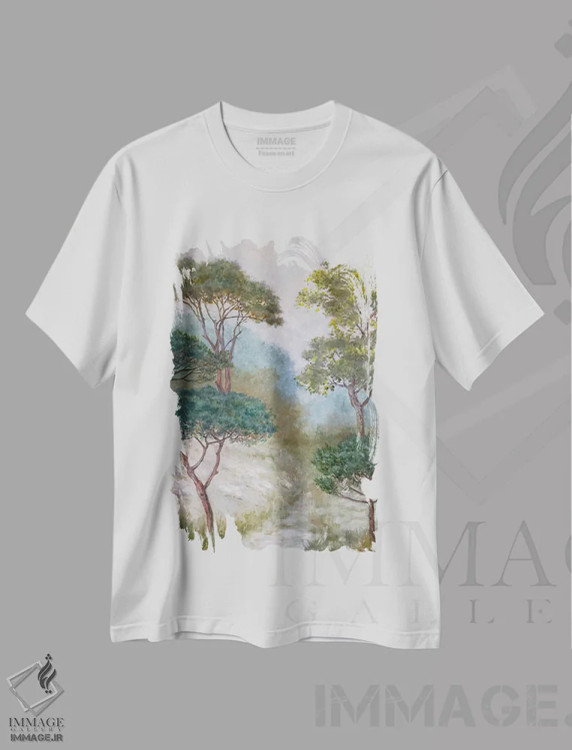 تیشرت سفید طرح دار منظره جنگلی شماره ۳، دکور کلبه و لژ اثر کاتیا بلینی | immage.ir