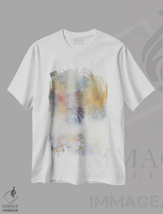 تیشرت سفید طرح دار برکه با نیلوفرهای آبی، هنر فاخر معاصر اثر کاتیا بلینی | فروشگاه ایماژ