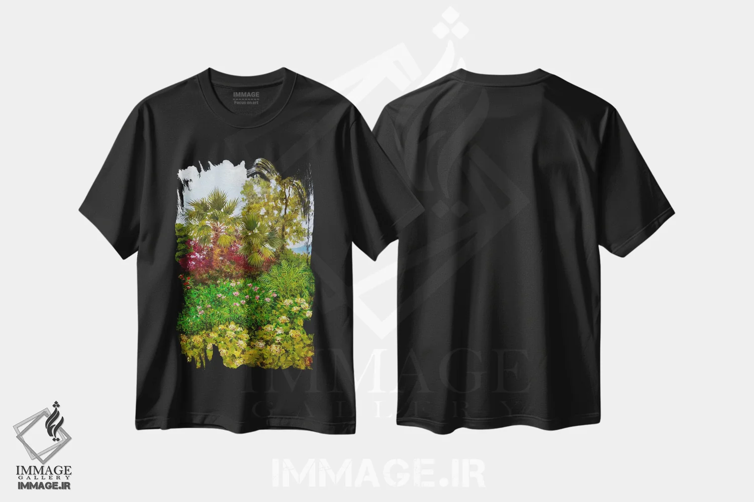 تیشرت مشکی طرح دار صبحگاه در باغ مدیترانه ای، هنر فاخر معاصر اثر کاتیا بلینی | فروشگاه ایماژ