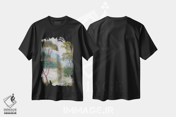 تیشرت مشکی طرح دار منظره جنگلی شماره ۳، دکور کلبه و لژ اثر کاتیا بلینی | فروشگاه ایماژ