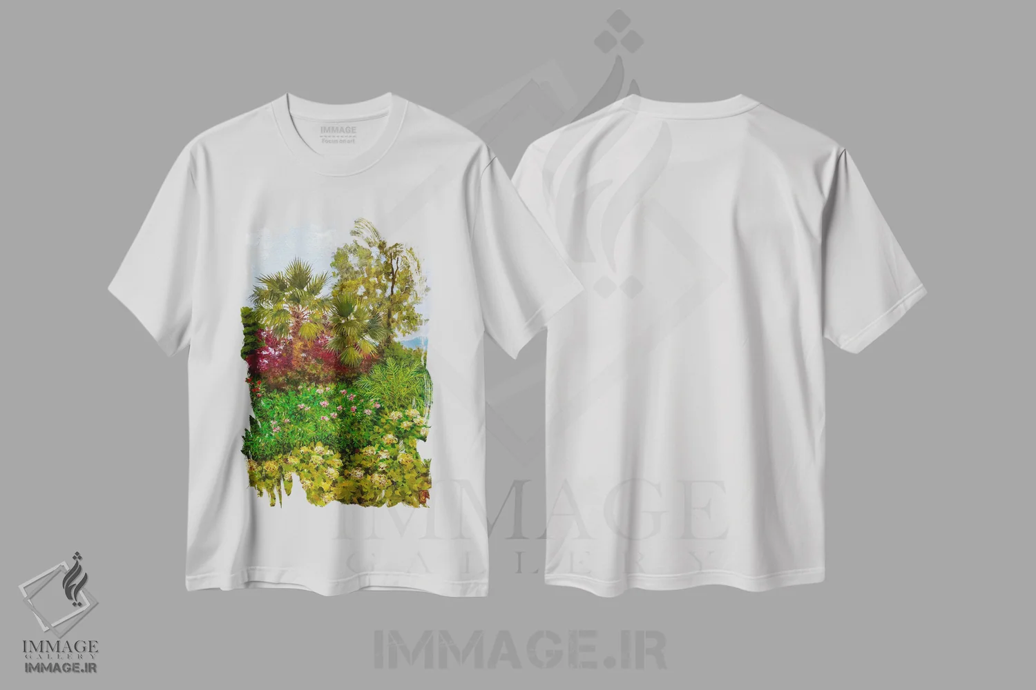تیشرت سفید طرح دار صبحگاه در باغ مدیترانه ای، هنر فاخر معاصر اثر کاتیا بلینی | immage.ir