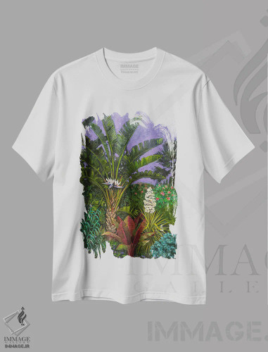 تیشرت سفید طرح دار باغ گیاه شناسی در شب، هنر فاخر معاصر اثر کاتیا بلینی | فروشگاه ایماژ