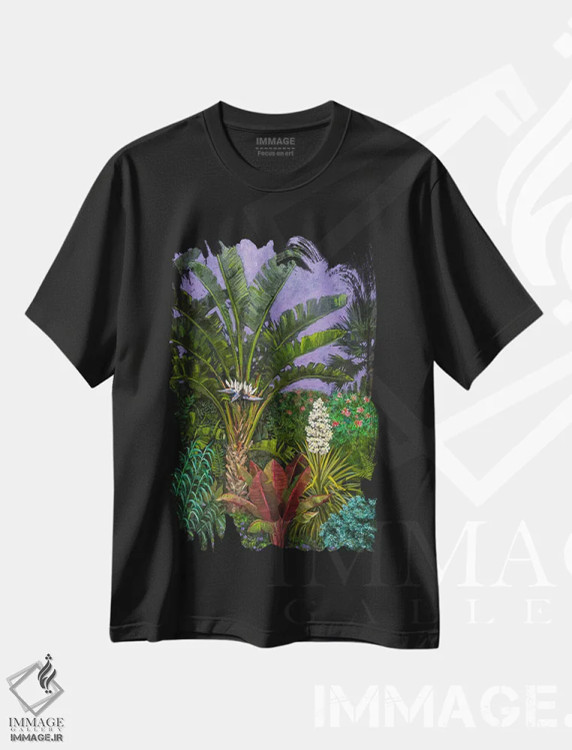 تیشرت مشکی طرح دار باغ گیاه شناسی در شب، هنر فاخر معاصر اثر کاتیا بلینی | immage.ir