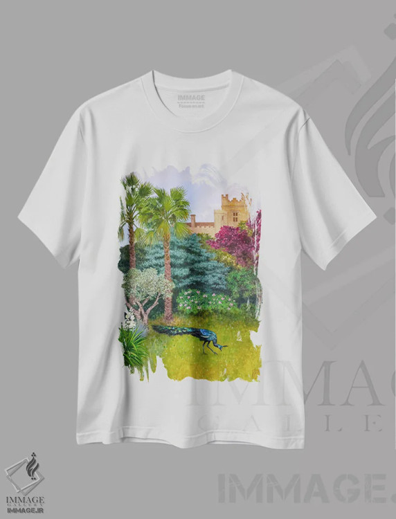 تیشرت سفید طرح دار باغ قلعه، هنر فاخر معاصر اثر کاتیا بلینی | immage.ir