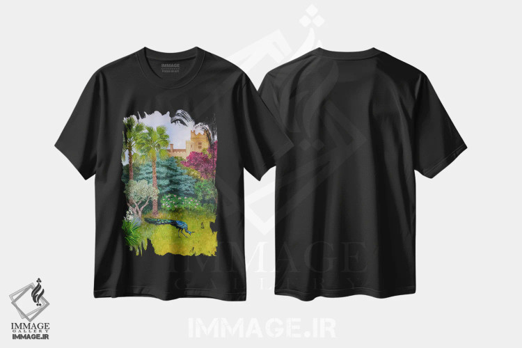 تیشرت مشکی طرح دار باغ قلعه، هنر فاخر معاصر اثر کاتیا بلینی | فروشگاه ایماژ