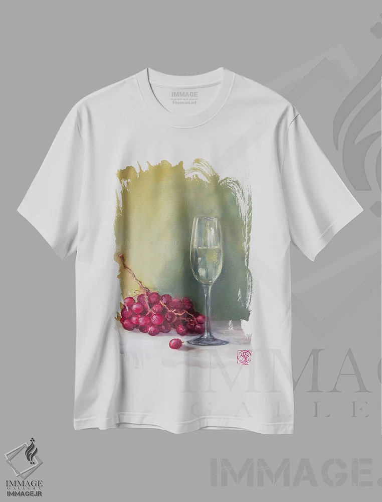 تیشرت سفید طرح دار شامپاین و انگور، هنر فاخر معاصر اثر کاتیا بلینی | فروشگاه ایماژ