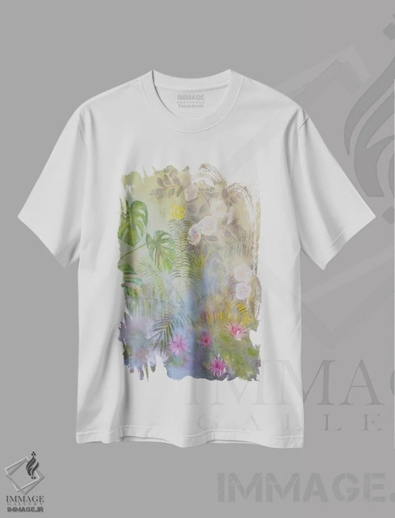 تیشرت سفید طرح دار برکهٔ شکوفه دار، هنر فاخر معاصر اثر کاتیا بلینی | immage.ir