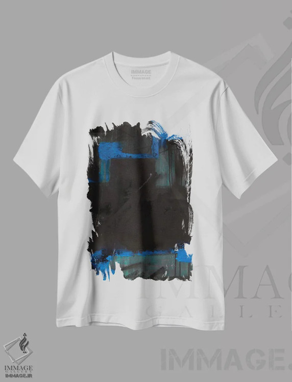 تیشرت سفید طرح دار آبی تیره اثر کی بی ام | فروشگاه ایماژ