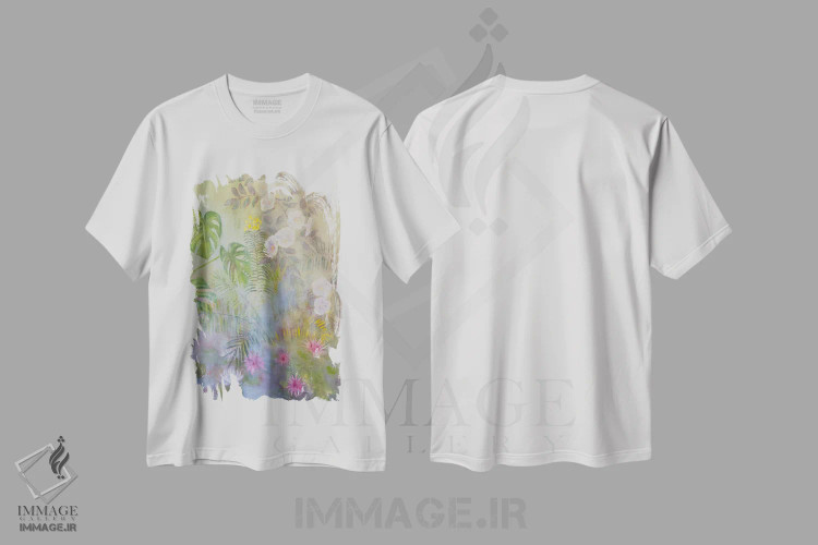 تیشرت سفید طرح دار برکهٔ شکوفه دار، هنر فاخر معاصر اثر کاتیا بلینی | immage.ir
