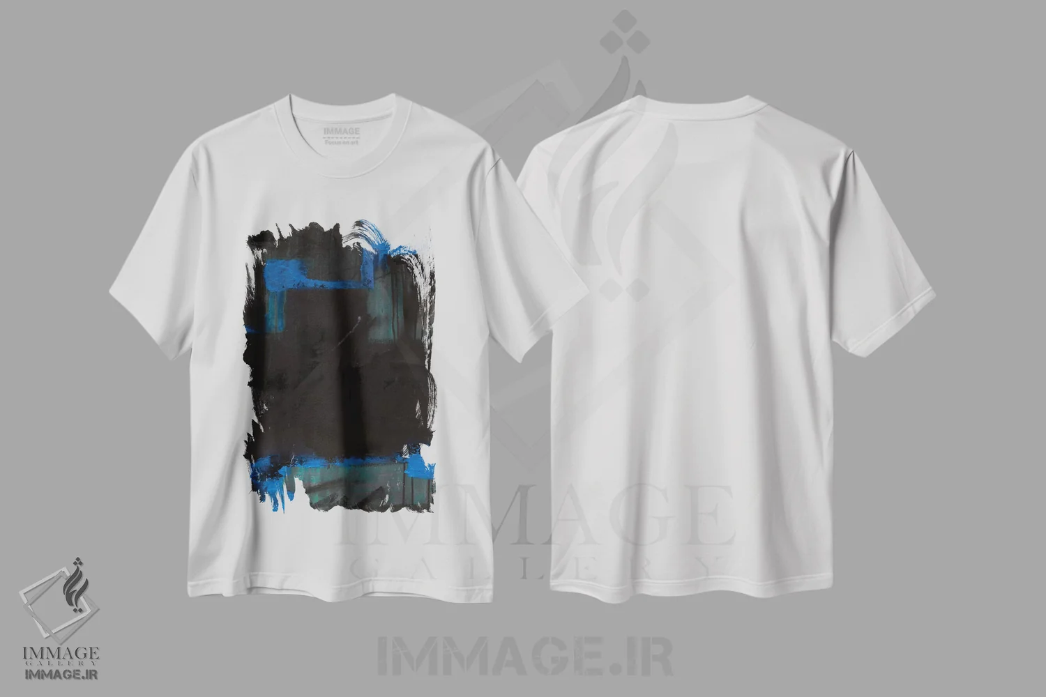 تیشرت سفید طرح دار آبی تیره اثر کی بی ام | فروشگاه ایماژ