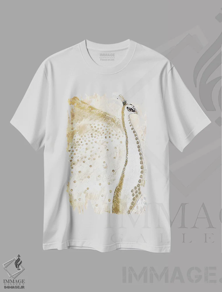 تیشرت سفید طرح دار طاووس زال طلایی، تزئینی اثر کارن بارسکی | فروشگاه ایماژ