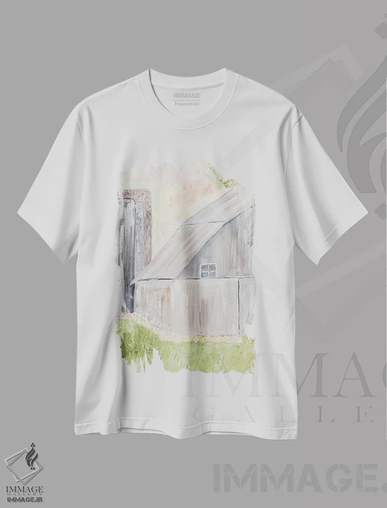 تیشرت سفید طرح دار انبار روستایی آبرنگی، آبستره اثر کارن بارسکی | immage.ir