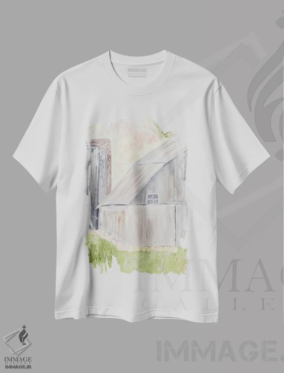 تیشرت سفید طرح دار انبار روستایی آبرنگی، آبستره اثر کارن بارسکی | immage.ir