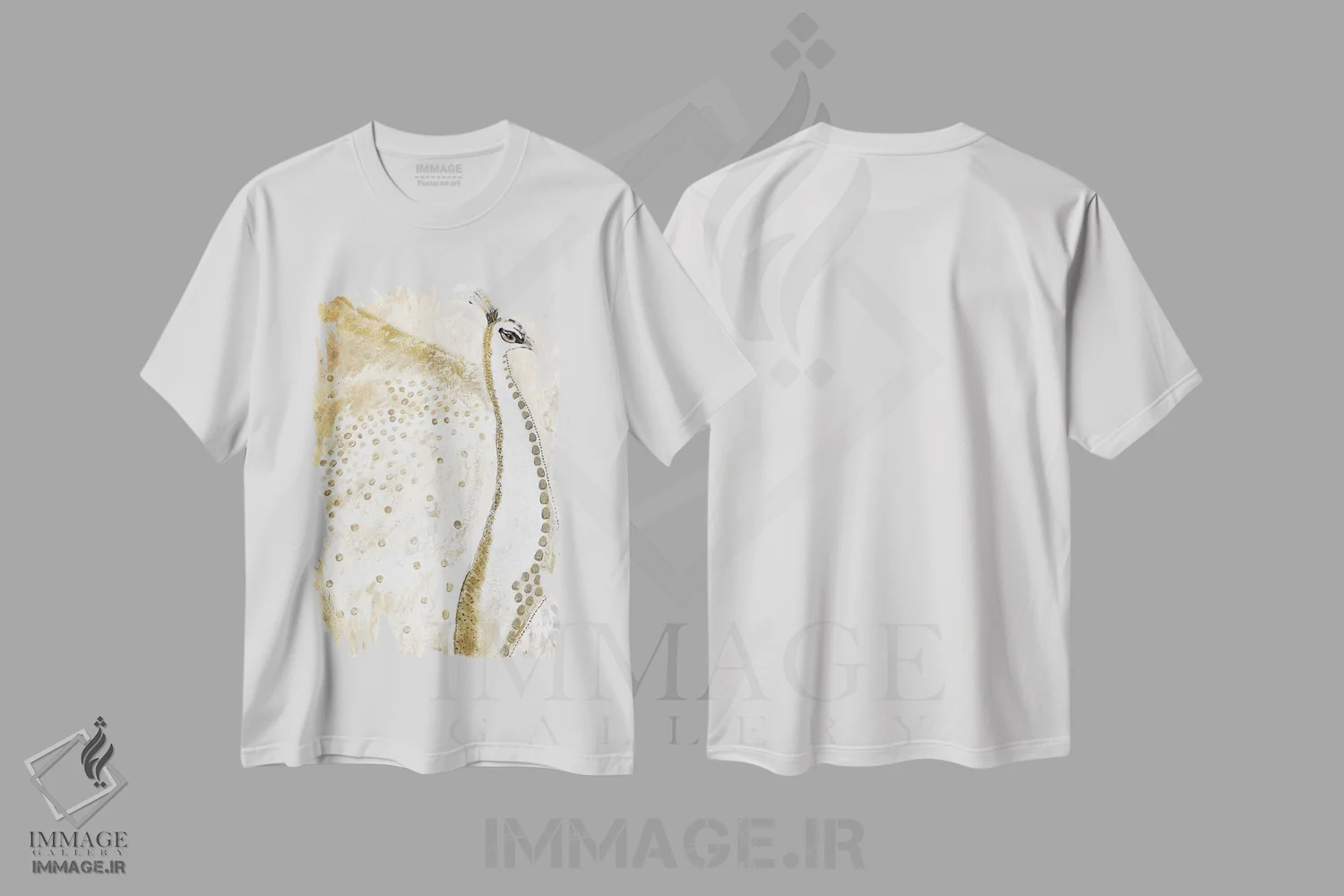 تیشرت سفید طرح دار طاووس زال طلایی، تزئینی اثر کارن بارسکی | فروشگاه ایماژ