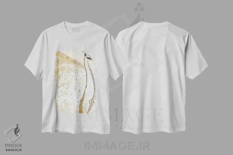 تیشرت سفید طرح دار طاووس زال طلایی، تزئینی اثر کارن بارسکی | فروشگاه ایماژ
