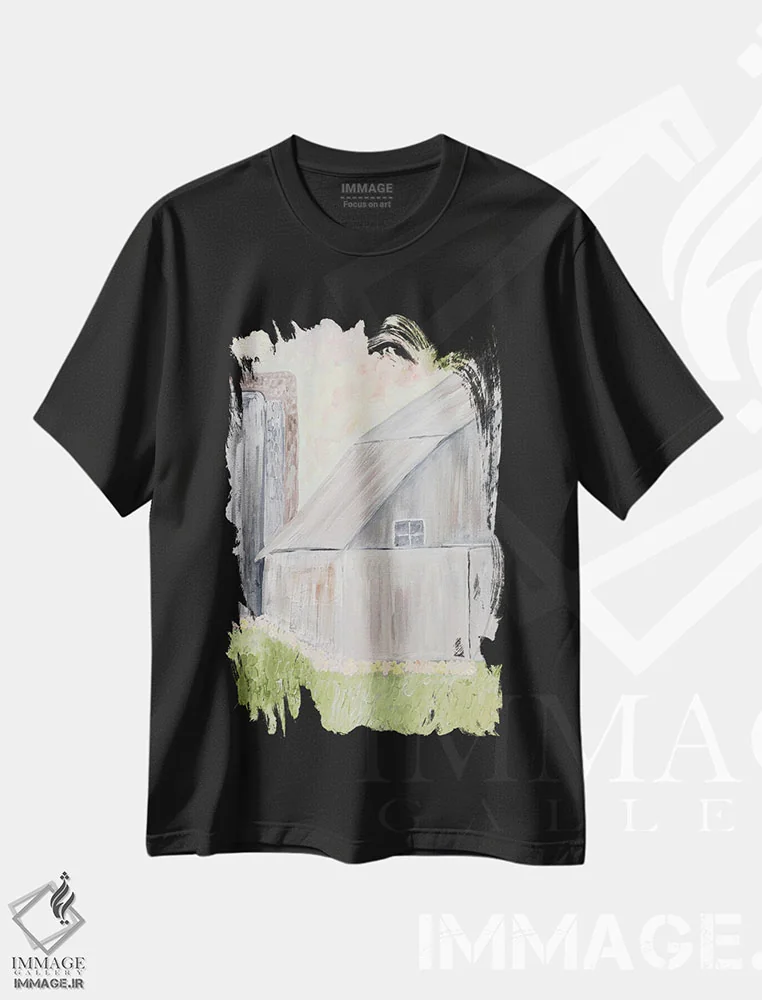 تیشرت مشکی طرح دار انبار روستایی آبرنگی، آبستره اثر کارن بارسکی | فروشگاه ایماژ