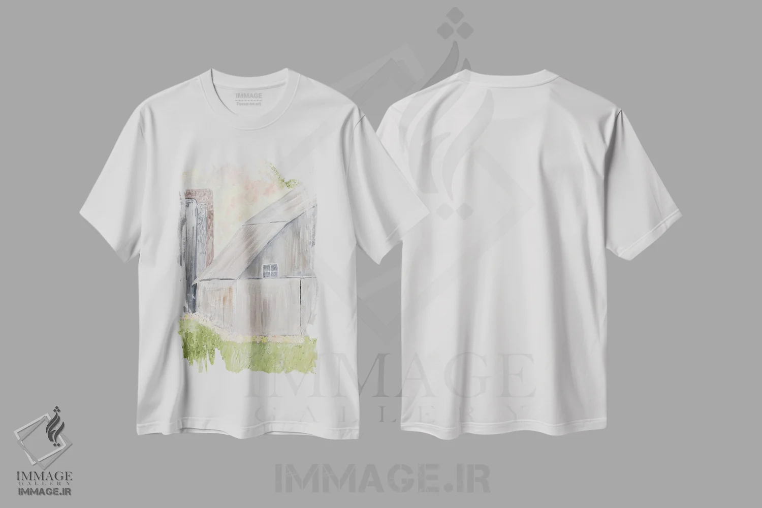 تیشرت سفید طرح دار انبار روستایی آبرنگی، آبستره اثر کارن بارسکی | immage.ir