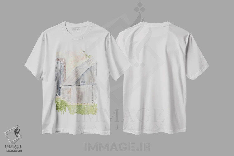 تیشرت سفید طرح دار انبار روستایی آبرنگی، آبستره اثر کارن بارسکی | immage.ir