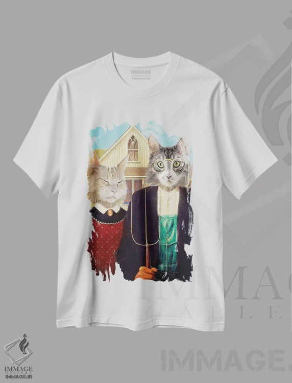 تیشرت سفید طرح دار گربه های سبک گوتیک آمریکایی، عکاسی ترکیبی اثر کارن بورک | فروشگاه ایماژ