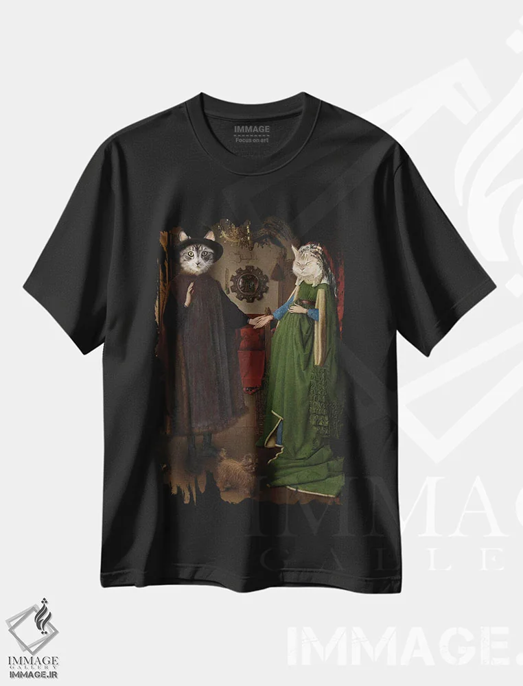 تیشرت مشکی طرح دار گربه های عروسی آرنولفینی، عکاسی ترکیبی اثر کارن بورک | immage.ir