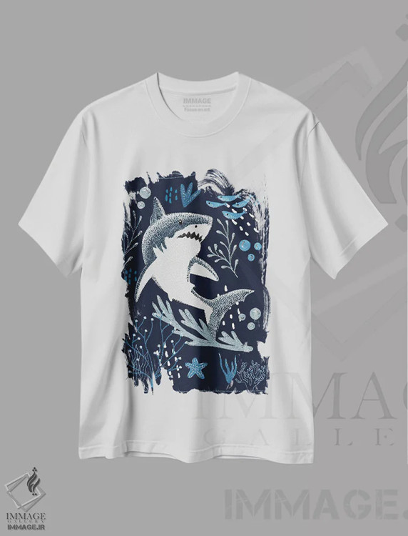 تیشرت سفید طرح دار کوسه سفید بزرگ باغ اقیانوس، دکور معاصر اثر کلسی امبلو | فروشگاه ایماژ