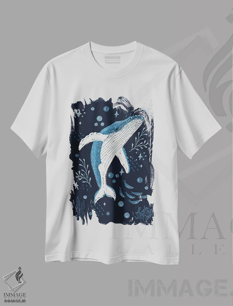 تیشرت سفید طرح دار نهنگ گوژپشت باغ اقیانوس، دکور معاصر اثر کلسی امبلو | immage.ir