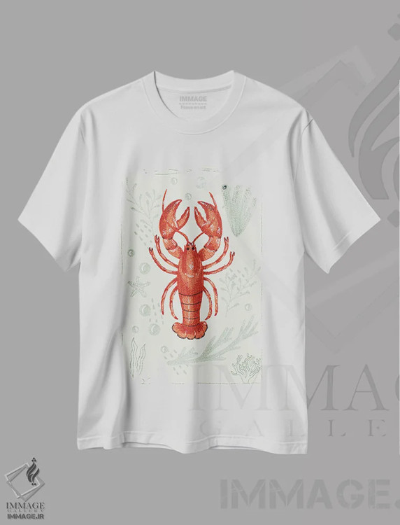 تیشرت سفید طرح دار خرچنگ دریایی باغ اقیانوس، دکور معاصر اثر کلسی امبلو | فروشگاه ایماژ