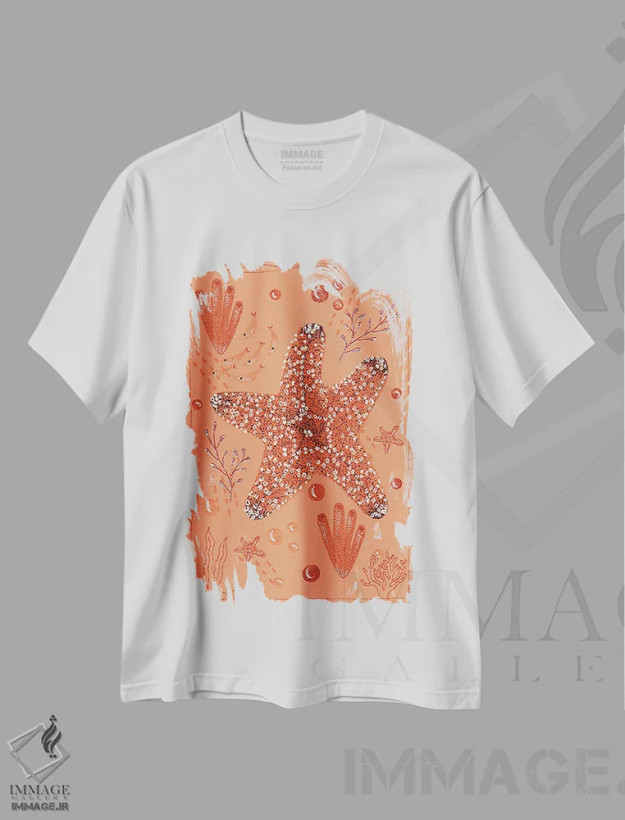 تیشرت سفید طرح دار ستاره دریایی باغ اقیانوس، دکور معاصر اثر کلسی امبلو | فروشگاه ایماژ