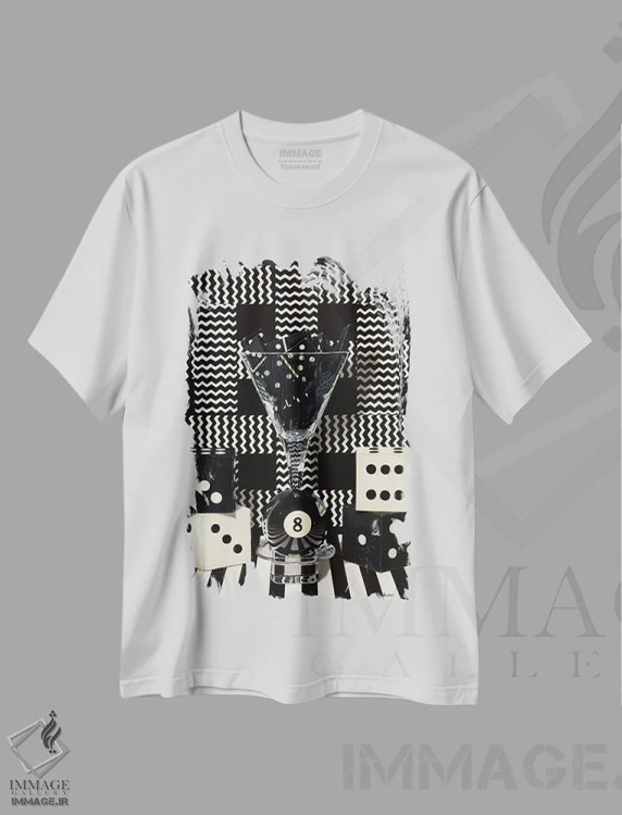 تیشرت سفید طرح دار بازی با سیاه و سفید، هنر فاخر معاصر اثر کارن بودن | فروشگاه ایماژ