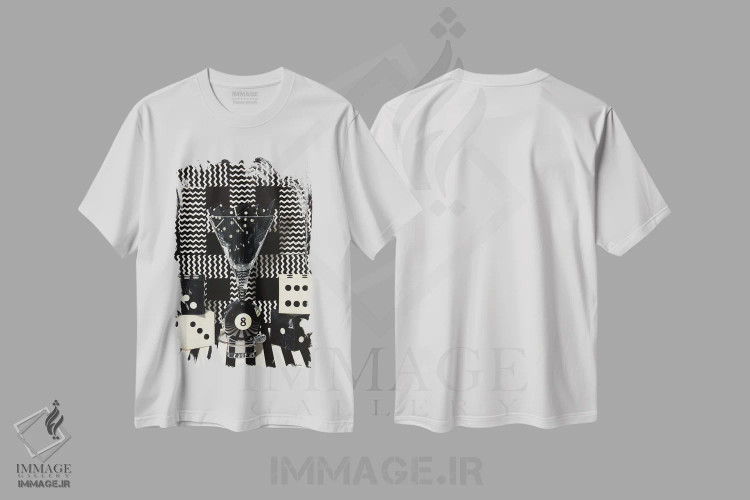 تیشرت سفید طرح دار بازی با سیاه و سفید، هنر فاخر معاصر اثر کارن بودن | فروشگاه ایماژ