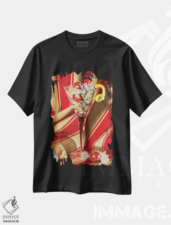 تیشرت مشکی طرح دار مارتینی شکلاتی، هنر فاخر معاصر اثر کارن بودن | فروشگاه ایماژ