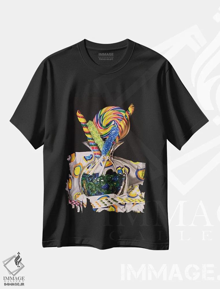 تیشرت مشکی طرح دار خاطرات شیرین، هنر فاخر معاصر اثر کارن بودن | immage.ir