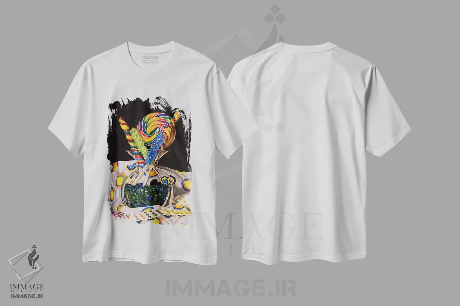 تیشرت سفید طرح دار خاطرات شیرین، هنر فاخر معاصر اثر کارن بودن | فروشگاه ایماژ