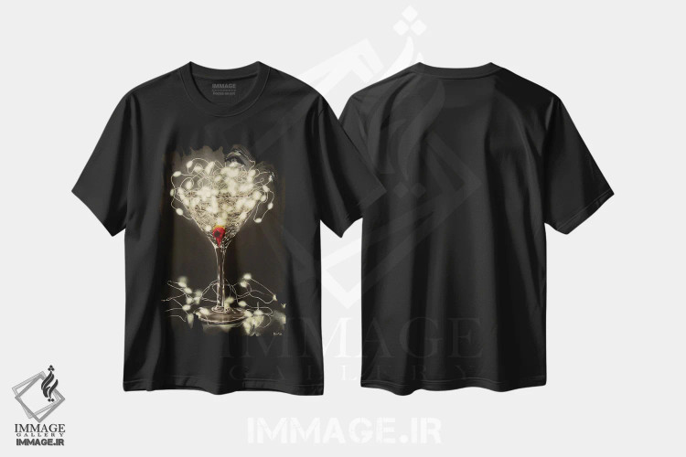 تیشرت مشکی طرح دار مارتینی سبک، هنر فاخر معاصر اثر کارن بودن | فروشگاه ایماژ
