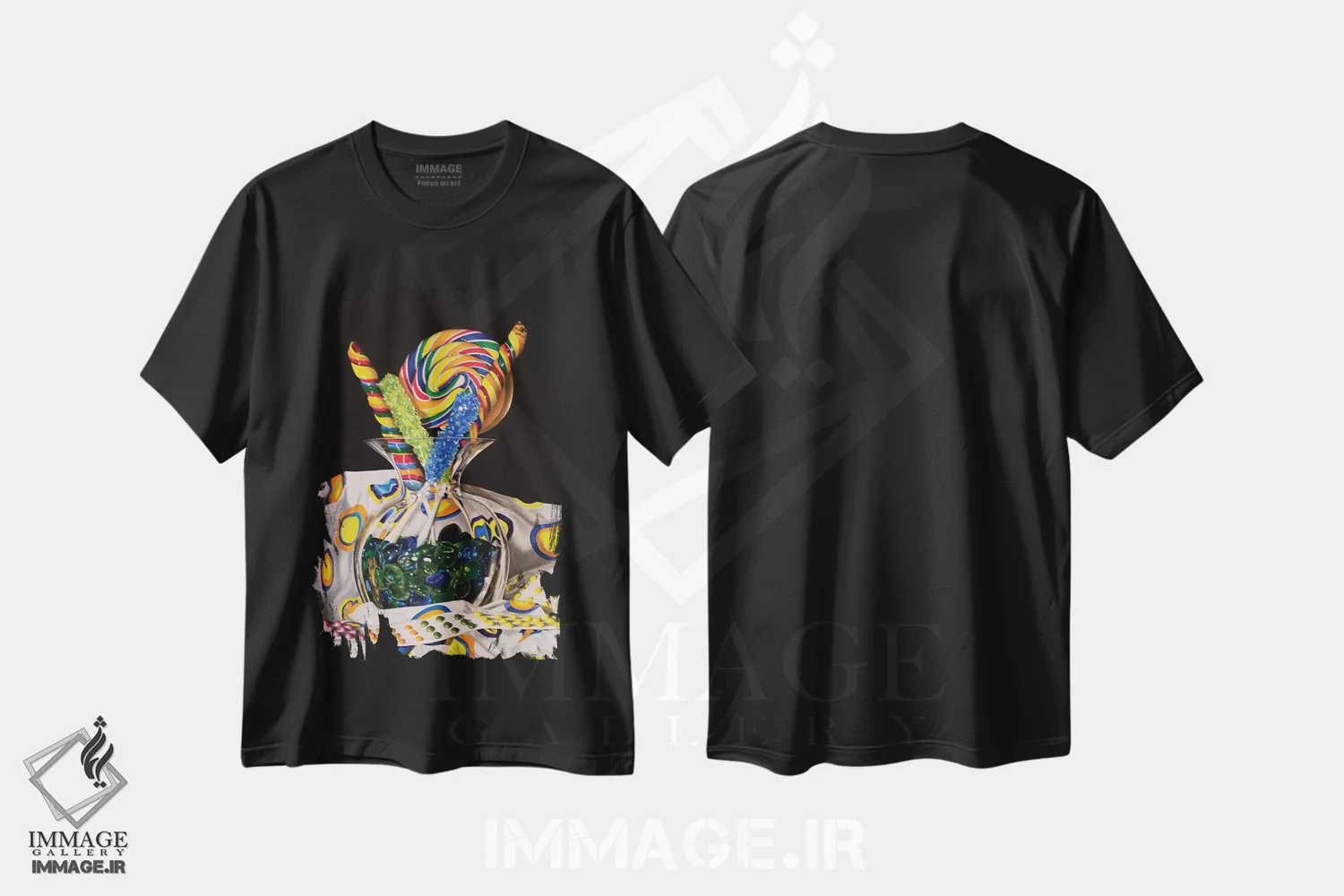 تیشرت مشکی طرح دار خاطرات شیرین، هنر فاخر معاصر اثر کارن بودن | immage.ir