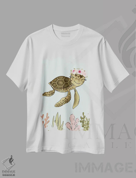 تیشرت سفید طرح دار لاک پشت دریایی با تاج گل، دکور معاصر اثر کیتی برایانت | فروشگاه ایماژ