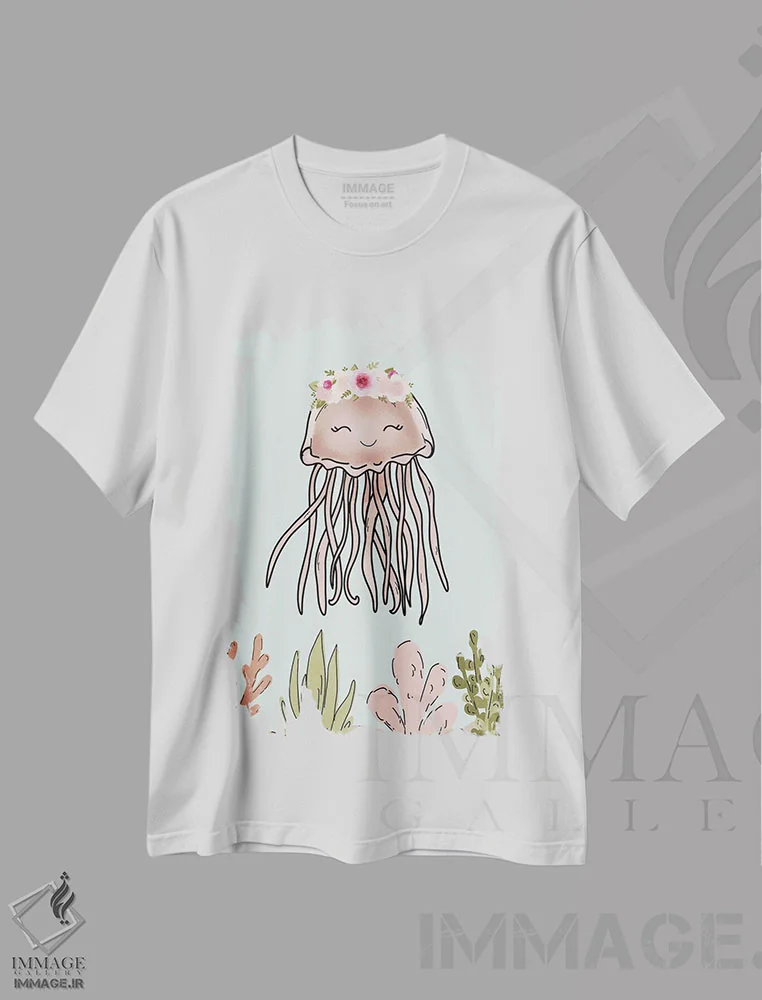 تیشرت سفید طرح دار عروس دریایی صورتی با تاج گل، دکور معاصر اثر کیتی برایانت | فروشگاه ایماژ