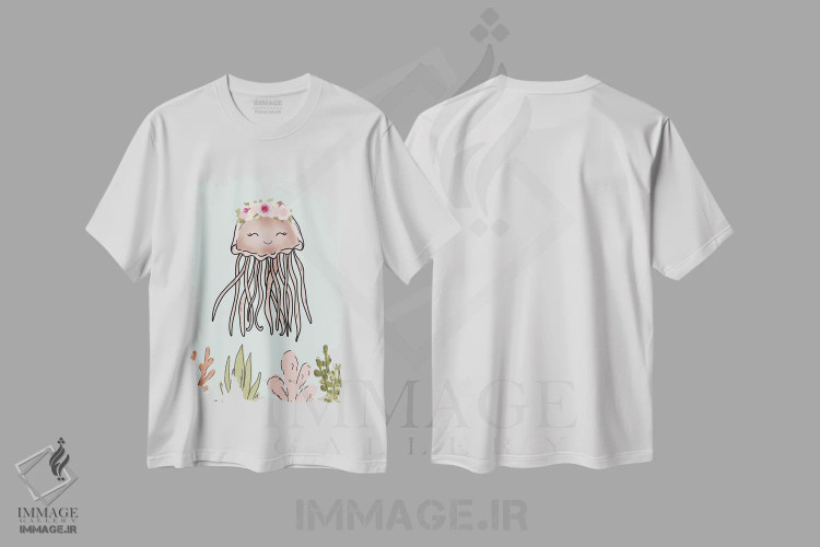 تیشرت سفید طرح دار عروس دریایی صورتی با تاج گل، دکور معاصر اثر کیتی برایانت | فروشگاه ایماژ