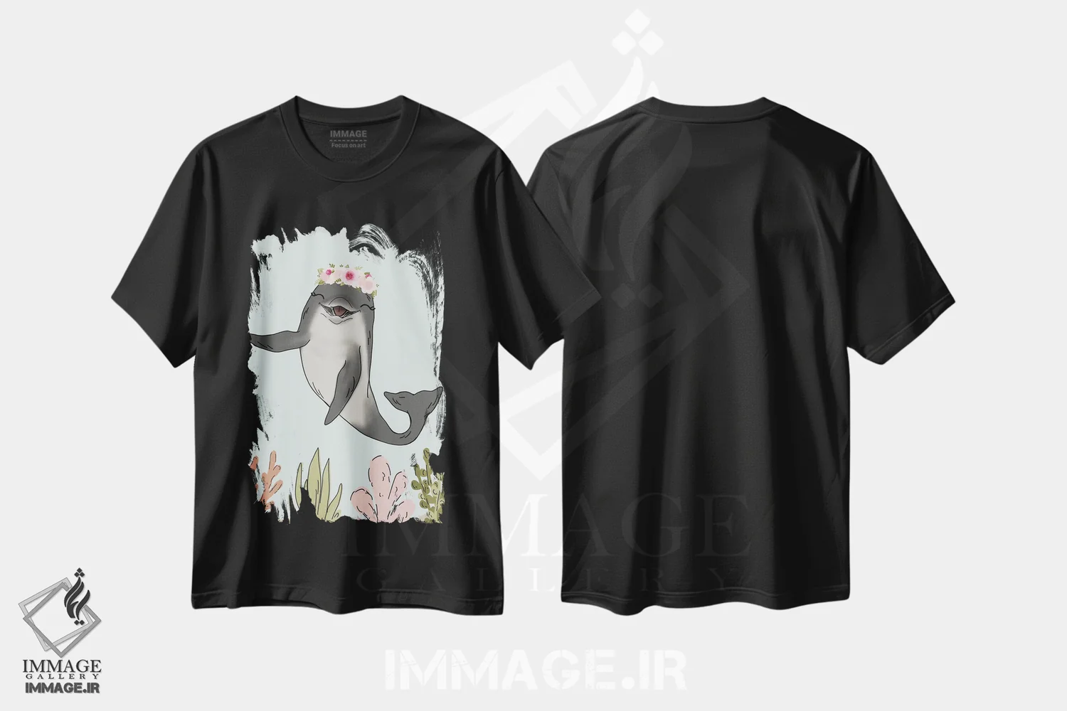 تیشرت مشکی طرح دار دلفین با تاج گل، دکور معاصر اثر کیتی برایانت | فروشگاه ایماژ