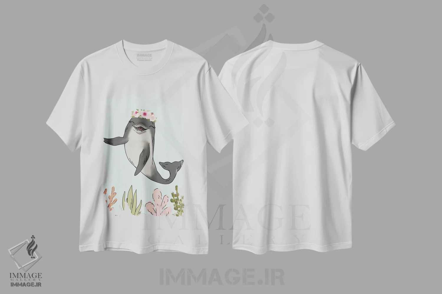 تیشرت سفید طرح دار دلفین با تاج گل، دکور معاصر اثر کیتی برایانت | immage.ir