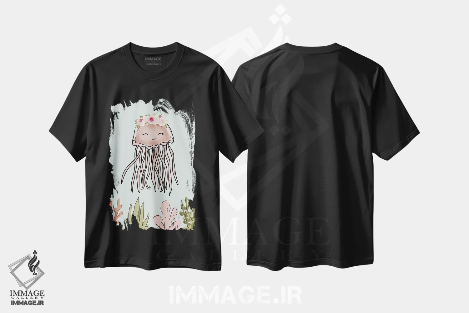 تیشرت مشکی طرح دار عروس دریایی صورتی با تاج گل، دکور معاصر اثر کیتی برایانت | immage.ir