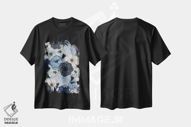 تیشرت مشکی طرح دار گل های یخ زده، تزئینی اثر کیتی برایانت | immage.ir
