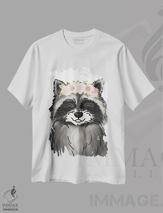 تیشرت سفید طرح دار راکون با تاج گل، دکور معاصر اثر کیتی برایانت | فروشگاه ایماژ